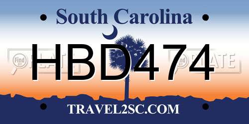 HBD474 South Carolina License Plate