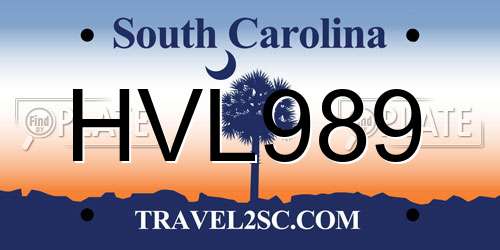 HVL989 South Carolina License Plate