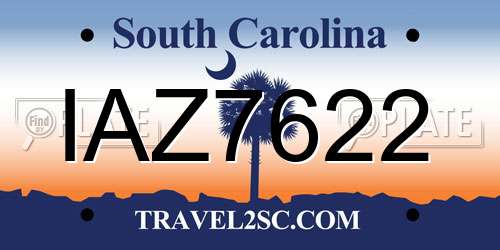 IAZ7622 South Carolina License Plate