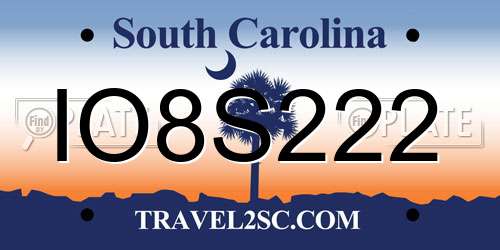 IO8S222 South Carolina License Plate