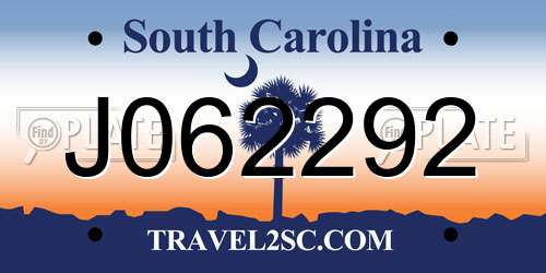 J062292 South Carolina License Plate