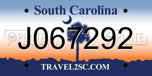 J067292 South Carolina License Plate