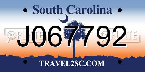 J067792 South Carolina License Plate