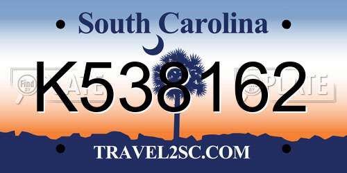 K538162 South Carolina License Plate