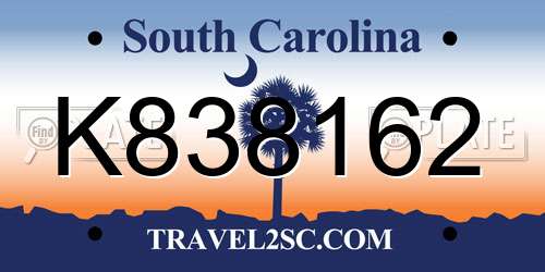 K838162 South Carolina License Plate