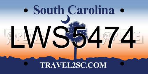 LWS5474 South Carolina License Plate