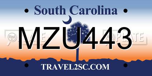 MZU443 South Carolina License Plate