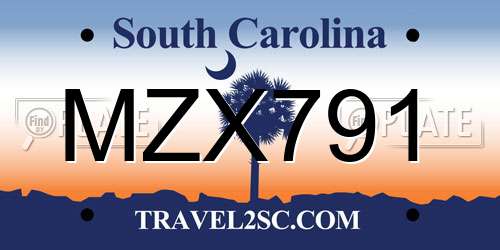 MZX791 South Carolina License Plate
