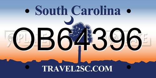 OB64396 South Carolina License Plate