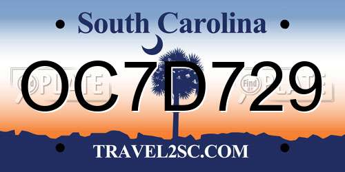 OC7D729 South Carolina License Plate