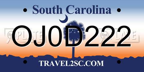 OJ0D222 South Carolina License Plate