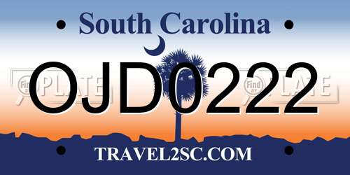 OJD0222 South Carolina License Plate