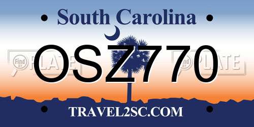 OSZ770 South Carolina License Plate