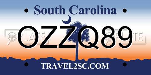 OZZQ89 South Carolina License Plate