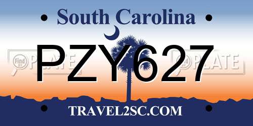 PZY627 South Carolina License Plate