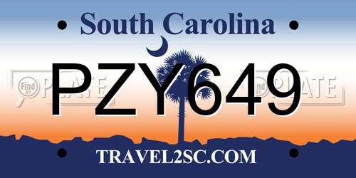 PZY649 South Carolina License Plate