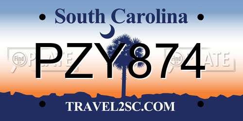 PZY874 South Carolina License Plate