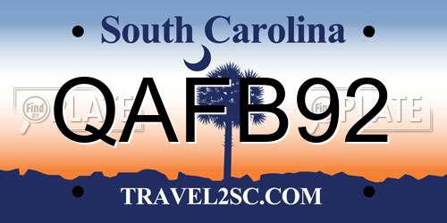 QAFB92 South Carolina License Plate
