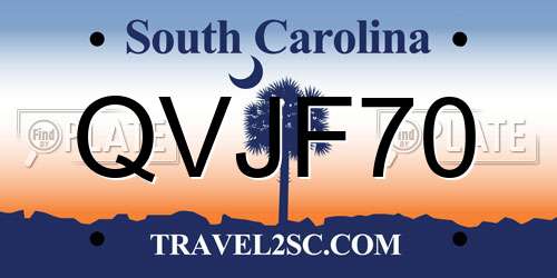 QVJF70 South Carolina License Plate