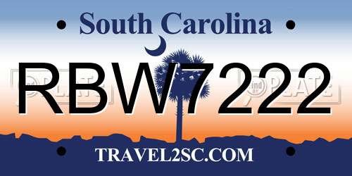RBW7222 South Carolina License Plate