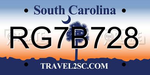RG7B728 South Carolina License Plate