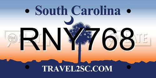 RNY768 South Carolina License Plate