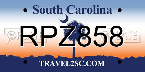 RPZ858 South Carolina License Plate
