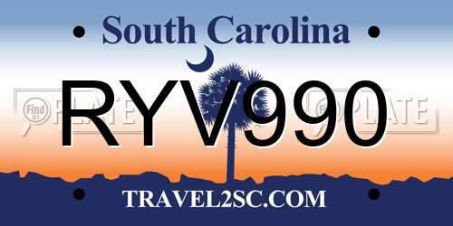 RYV990 South Carolina License Plate