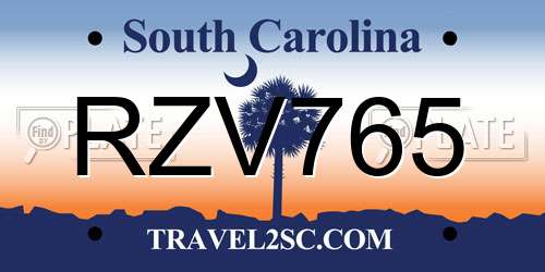RZV765 South Carolina License Plate