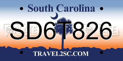 SD6T826 South Carolina License Plate