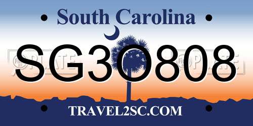 SG3O808 South Carolina License Plate