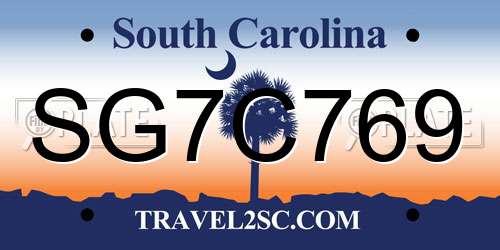 SG7C769 South Carolina License Plate