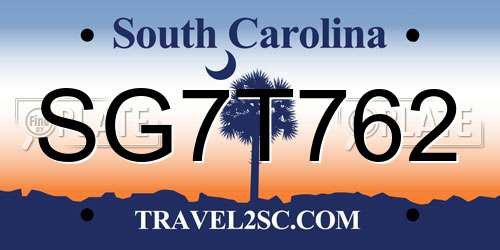 SG7T762 South Carolina License Plate