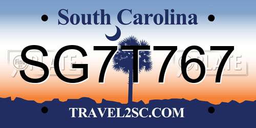 SG7T767 South Carolina License Plate