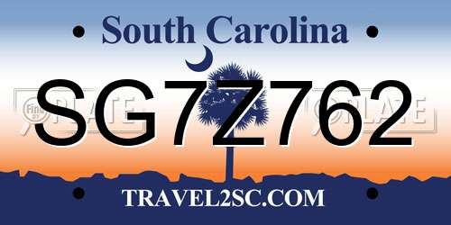 SG7Z762 South Carolina License Plate