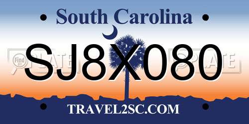 SJ8X080 South Carolina License Plate