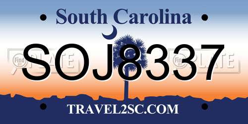 SOJ8337 South Carolina License Plate