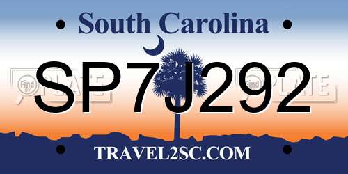 SP7J292 South Carolina License Plate