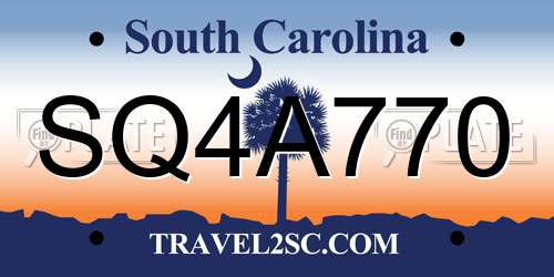 SQ4A770 South Carolina License Plate