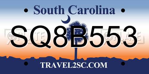 SQ8B553 South Carolina License Plate
