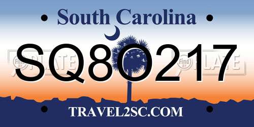 SQ8O217 South Carolina License Plate