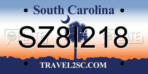 SZ8I218 South Carolina License Plate