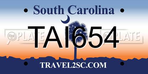 TAI654 South Carolina License Plate