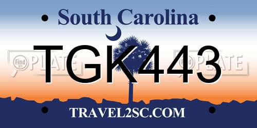 TGK443 South Carolina License Plate