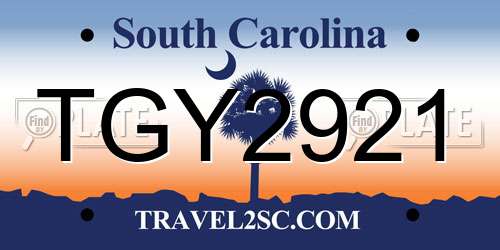 TGY2921 South Carolina License Plate