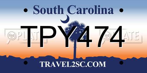 TPY474 South Carolina License Plate