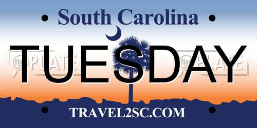 TUESDAY South Carolina License Plate