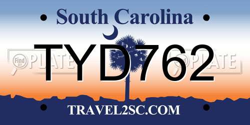 TYD762 South Carolina License Plate