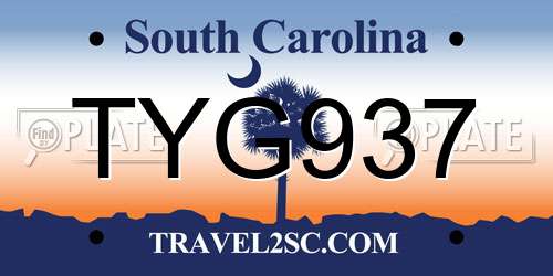 TYG937 South Carolina License Plate