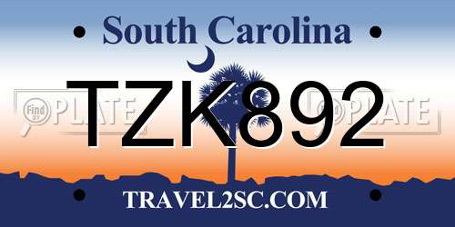 TZK892 South Carolina License Plate